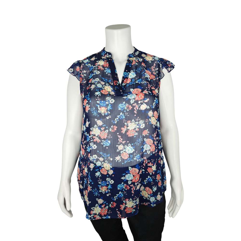 No Boundaries Navy Blue Floral Sheer Flutter Sleeve Blouse XXL